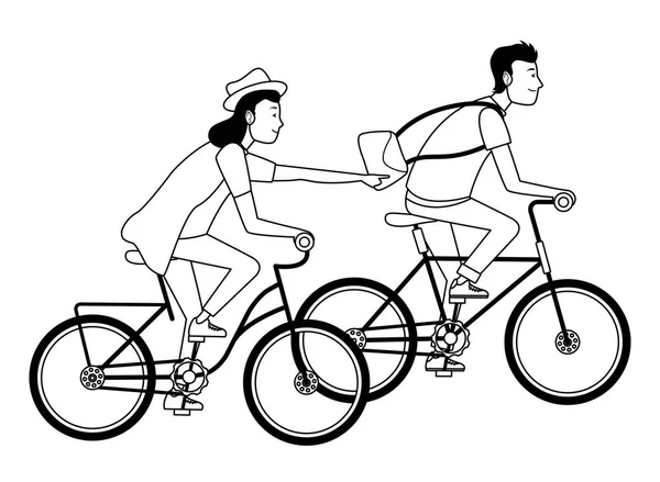 Young people riding bicycles cartoon in black and white — Stock Vector