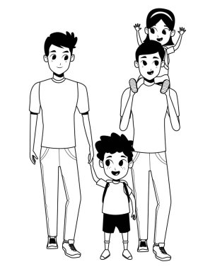 Siyah beyaz çocuklu aile genç ebeveynler karikatür