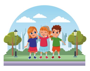 Çocuk arkadaşlar oyun ve gülümseyen çizgi film