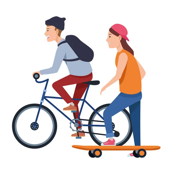 Jovens com bicicleta e skate — Vetor de Stock