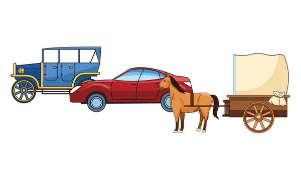 Veículos automóveis clássicos e carruagens de cavalos — Vetor de Stock