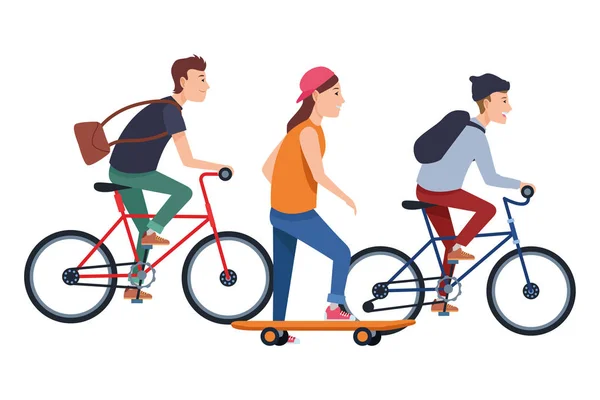 People with bikes and skateboard — Stock Vector