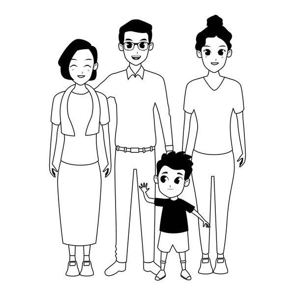 Los padres de familia y los niños dibujos animados en blanco y negro — Archivo Imágenes Vectoriales