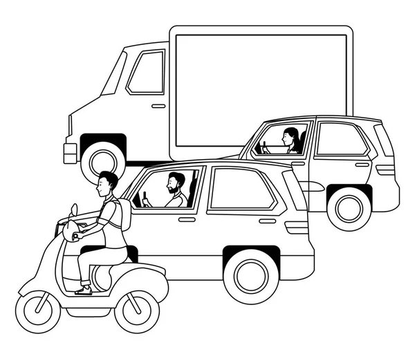 Vehículos y motocicletas con conductores en blanco y negro — Vector de stock
