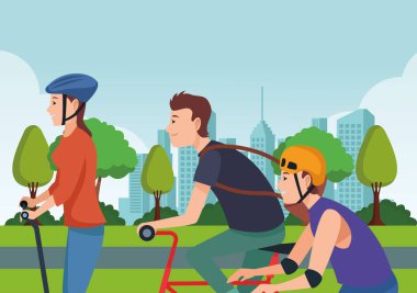 Patenli bisiklet ve scooter'lı insanlar