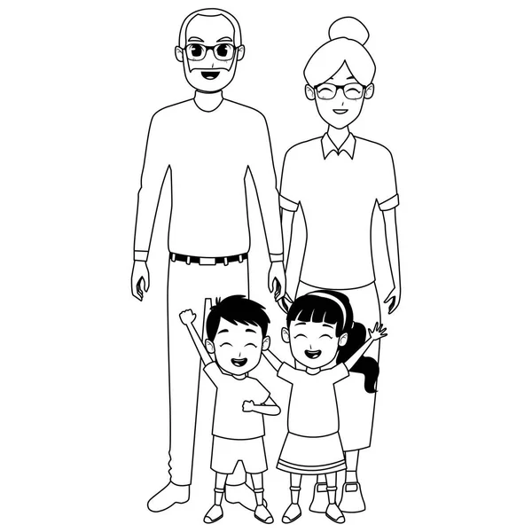 Família avós e netos desenhos animados em preto e branco —  Vetores de Stock