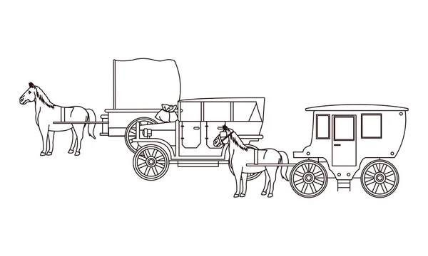 Κλασικά αυτοκίνητα και βαγόνια με άλογα σε μαύρο και άσπρο — Διανυσματικό Αρχείο
