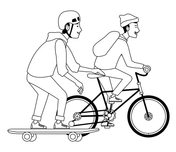 Młodzi ludzie z rowerem i deskorolki w czerni i bieli — Wektor stockowy