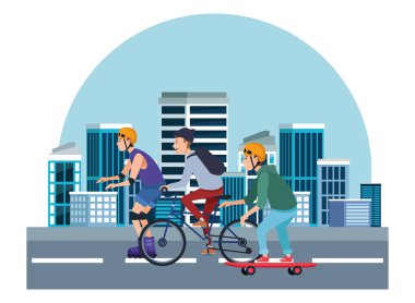 Sakteboard, paten ve bisiklet ile genç peple