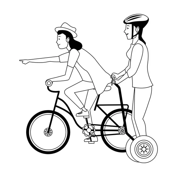 Freunde fahren mit Fahrrad und Elektroroller in schwarz-weiß — Stockvektor