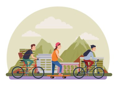 Bisikletve kaykay ile insanlar