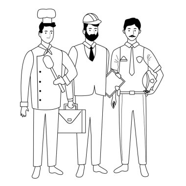 Profesyoneller işçi karakterleri siyah beyaz karikatürler gülümseyen