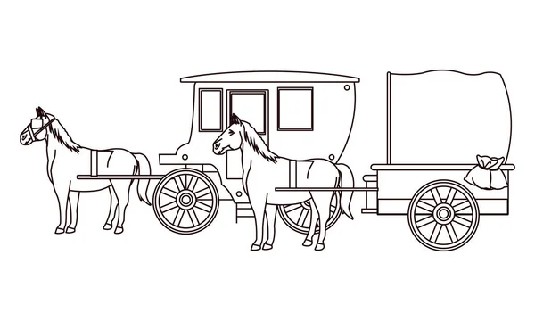 Antieke paard rijtuigen dierlijke tractor in zwart-wit — Stockvector