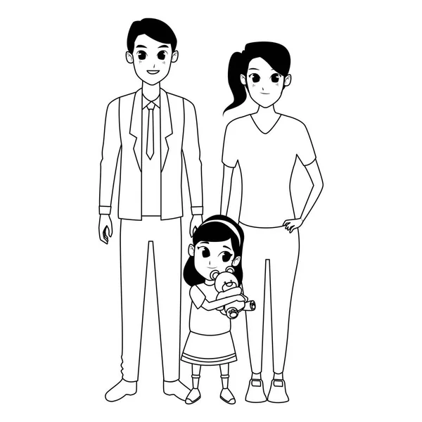 Keluarga orang tua dan anak-anak kartun dalam hitam dan putih - Stok Vektor