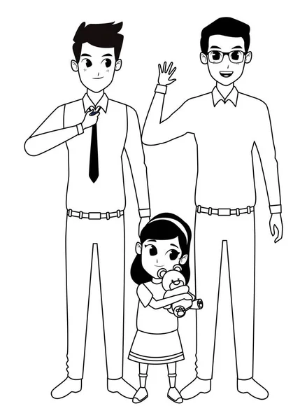 Parents de famille et enfants dessins animés en noir et blanc — Image vectorielle