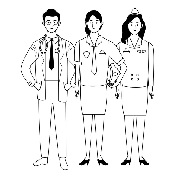 Profesionálové pracující postavy, usmívající se kreslíchy v černobílém — Stockový vektor