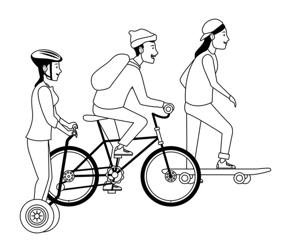 Personnes avec des vélos skateboard et scooter en noir et blanc — Image vectorielle