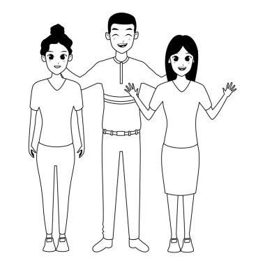 Genç arkadaşlar gülümseyerek ve siyah beyaz tebrik