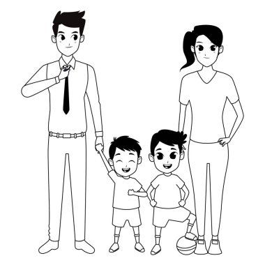 Aile ebeveynleri ve çocuk karikatürler siyah beyaz