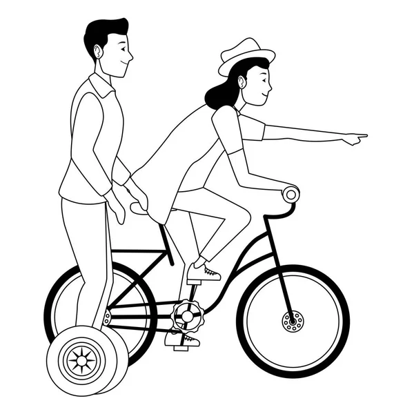 Young people riding bike and scooter in black and white — Stock Vector