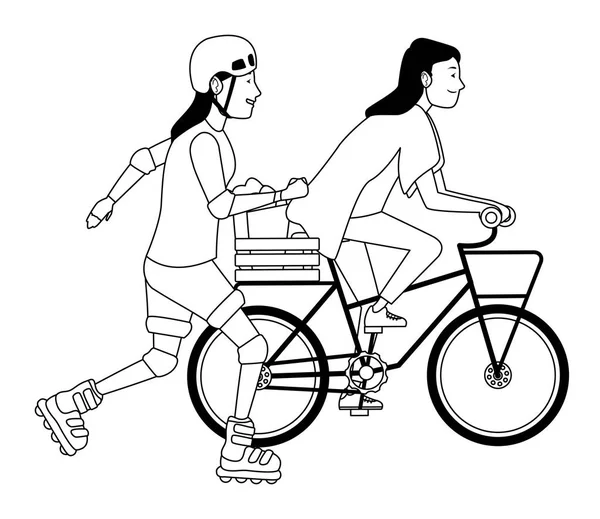 Amis avec vélo et patins en noir et blanc — Image vectorielle