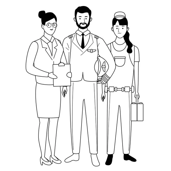 Profesjonaliści pracownicy znaków uśmiechniętych kreskówek w czerni i bieli — Wektor stockowy