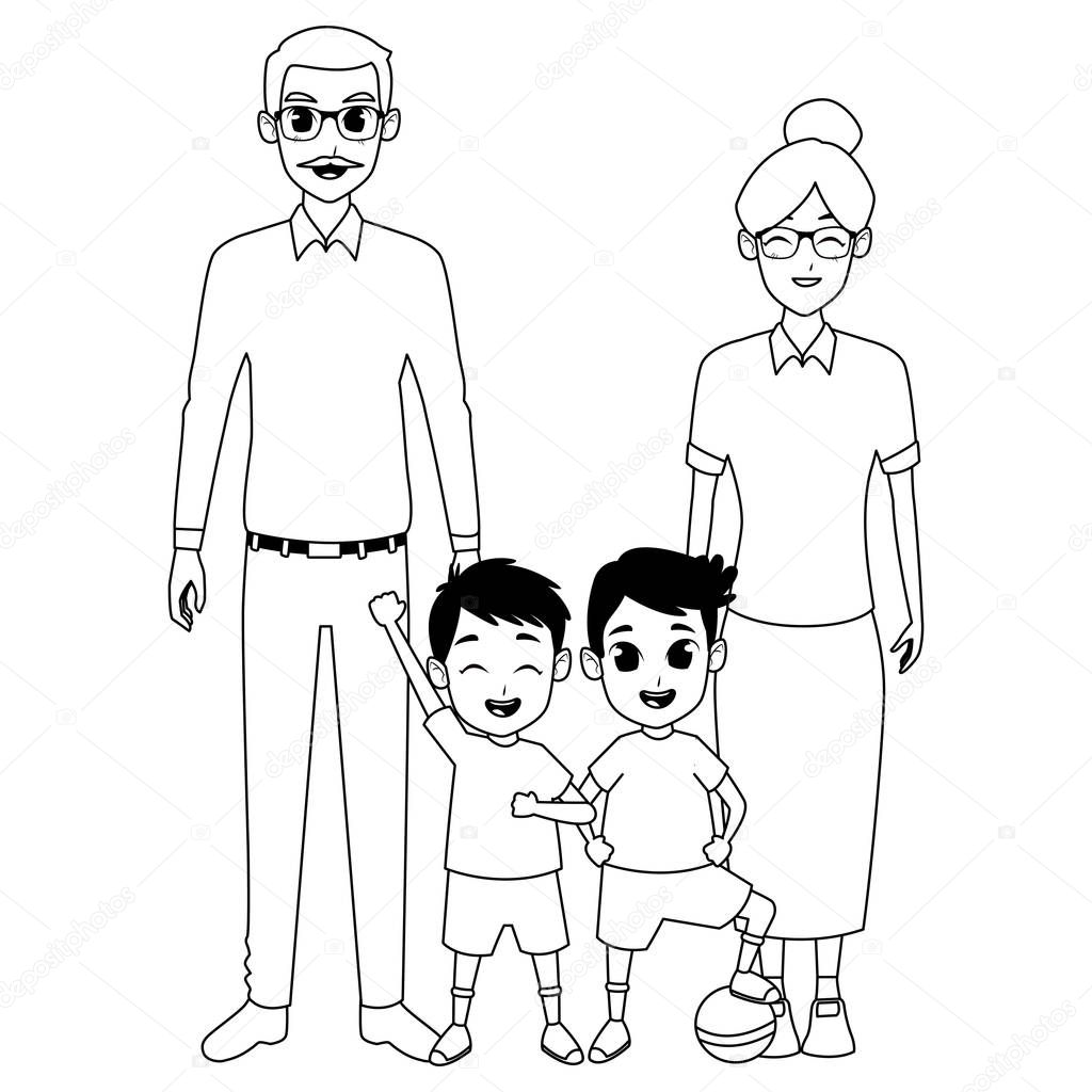 Family grandparents and grandchildren cartoons in black and white