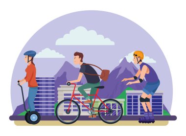 Patenli bisiklet ve scooter'lı insanlar