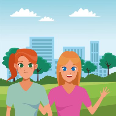 İki genç kadın arkadaş gülümseyen karikatürler