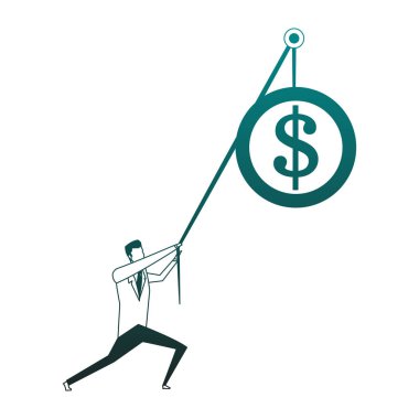 İşadamı mavi çizgilerle ip ile bozuk para çekerek