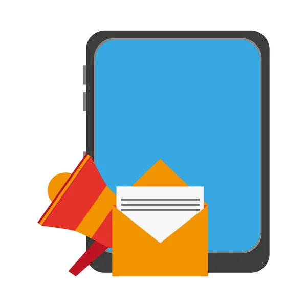 Tableta de correo electrónico y publicidad bullhorn — Vector de stock