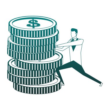 Mavi çizgilere yığılmış bozuk paraları olan işadamı