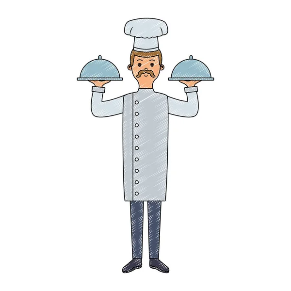 Mężczyzna szef kuchni trzymając potraw bazgrołów — Wektor stockowy