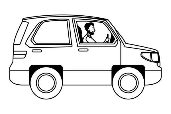 Hombre conduciendo SUV vehículo sideview dibujos animados en blanco y negro — Vector de stock