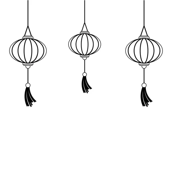 Lanternes chinoises orientales décoration dessin animé en noir et blanc — Image vectorielle