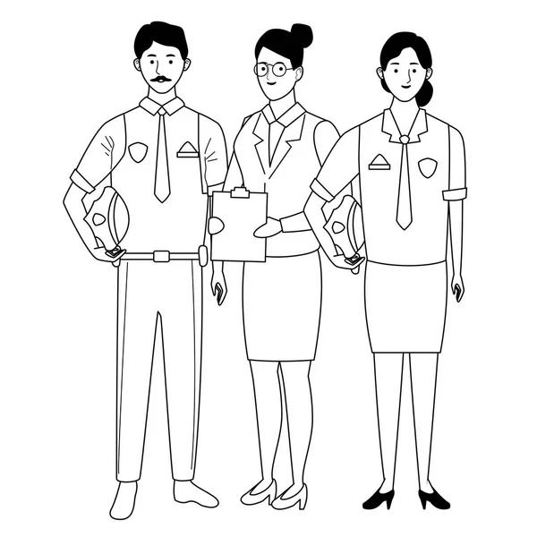 Professionnels travailleurs personnages souriants dessins animés en noir et blanc — Image vectorielle
