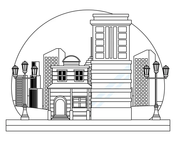 Bâtiments urbains et architecture urbaine en noir et blanc — Image vectorielle