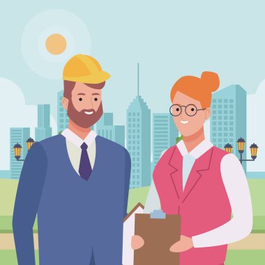 Profesyoneller işçiler çift gülümseyen karikatürler