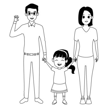 Aile ebeveynleri ve çocuk karikatürler siyah beyaz