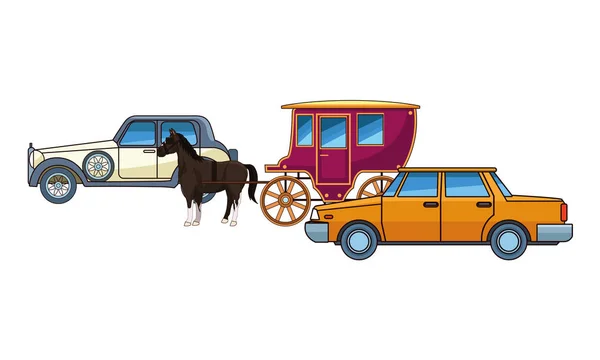 Oldtimers en paarden rijtuigen voertuigen — Stockvector