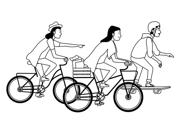 Personas con bicicletas y monopatín en blanco y negro — Vector de stock