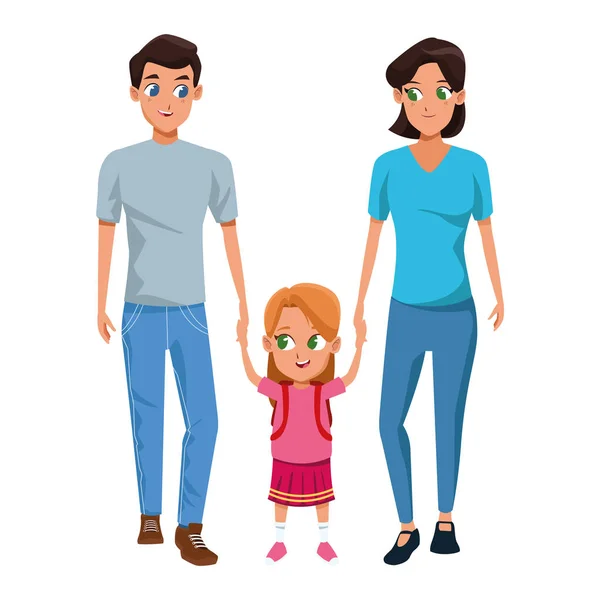 Familia padres jóvenes con caricatura hija — Vector de stock