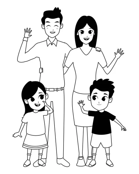 Los padres de familia y los niños dibujos animados en blanco y negro — Vector de stock