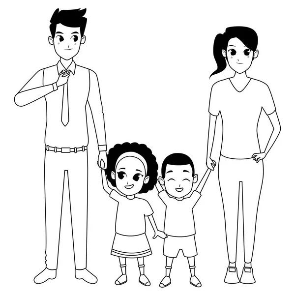 Famille jeunes parents avec petit enfant en noir et blanc — Image vectorielle