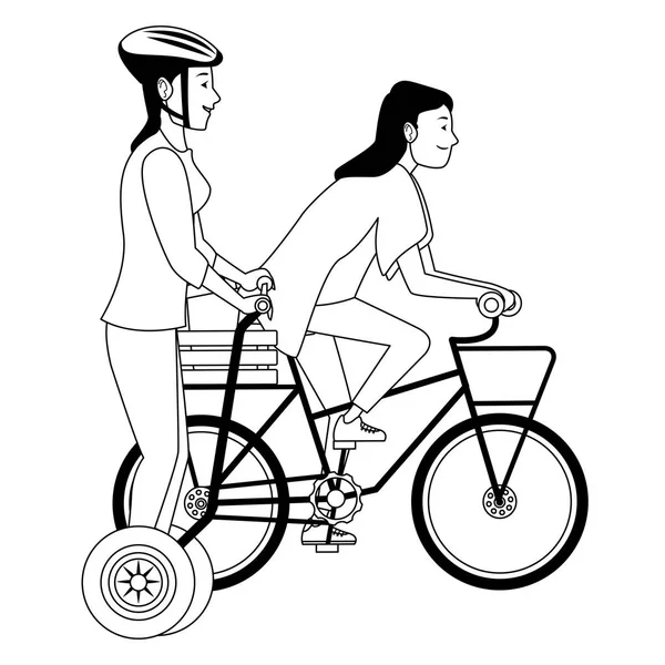 Jeunes en vélo et scooter en noir et blanc — Image vectorielle