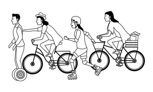 Personas montando con bicicletas scooter y patines en blanco y negro — Vector de stock