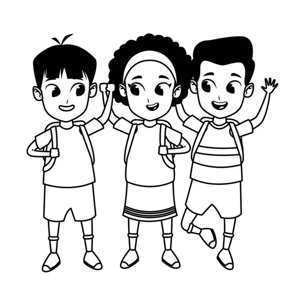 Childhood cute school students cartoon in black and white — Stock Vector