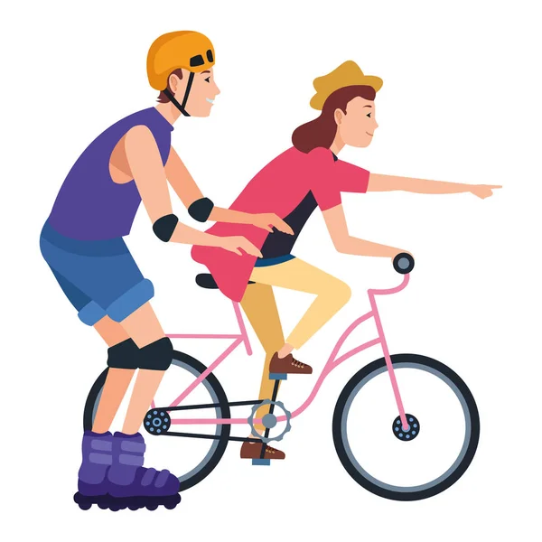 Young people with bike and skates — Stock Vector