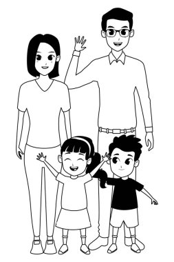 Aile ebeveynleri ve çocuk karikatürler siyah beyaz