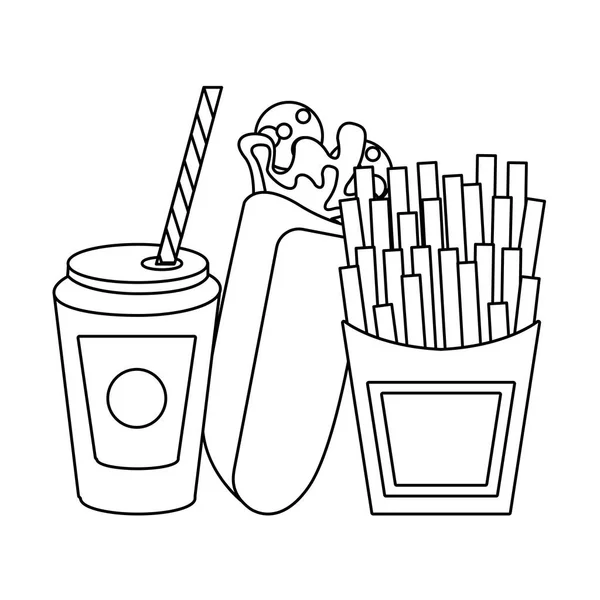 Envoltura de comida rápida y papas fritas con soda aislada en blanco y negro — Archivo Imágenes Vectoriales